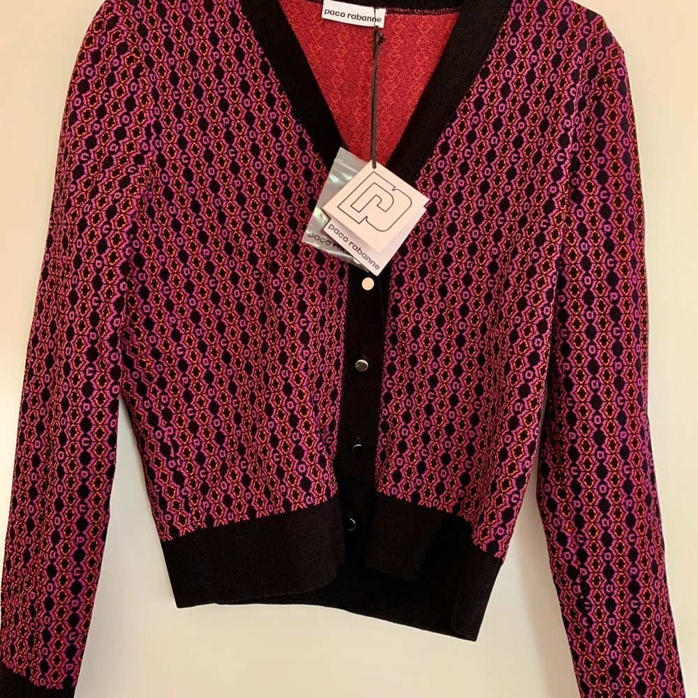 NWT Paco Rabanne Pink, Purple, Black Cardigan in Signature Noir Print, sz Medium